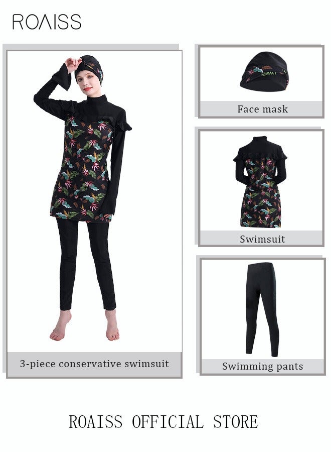 Conservative 3-Piece Women's Swimsuit Set Floral Muslim Swimwear with Sun Protection Swimming Trousers Cap and Skirt Beachwear Comfortable Highly Elastic Black for Outdoor and Daily Use - Image 2