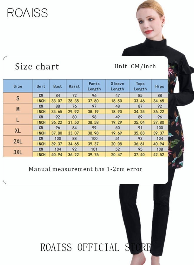 Conservative 3-Piece Women's Swimsuit Set Floral Muslim Swimwear with Sun Protection Swimming Trousers Cap and Skirt Beachwear Comfortable Highly Elastic Black for Outdoor and Daily Use - Image 4