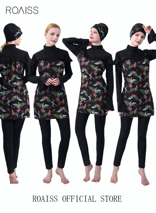 Conservative 3-Piece Women's Swimsuit Set Floral Muslim Swimwear with Sun Protection Swimming Trousers Cap and Skirt Beachwear Comfortable Highly Elastic Black for Outdoor and Daily Use - Image 5