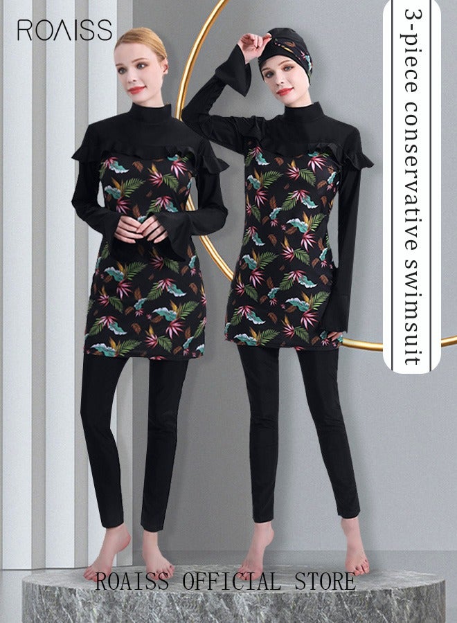Conservative 3-Piece Women's Swimsuit Set Floral Muslim Swimwear with Sun Protection Swimming Trousers Cap and Skirt Beachwear Comfortable Highly Elastic Black for Outdoor and Daily Use - Image 3