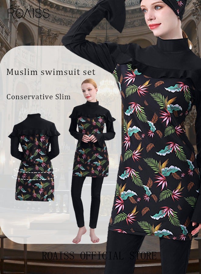 Conservative 3-Piece Women's Swimsuit Set Floral Muslim Swimwear with Sun Protection Swimming Trousers Cap and Skirt Beachwear Comfortable Highly Elastic Black for Outdoor and Daily Use - Image 1