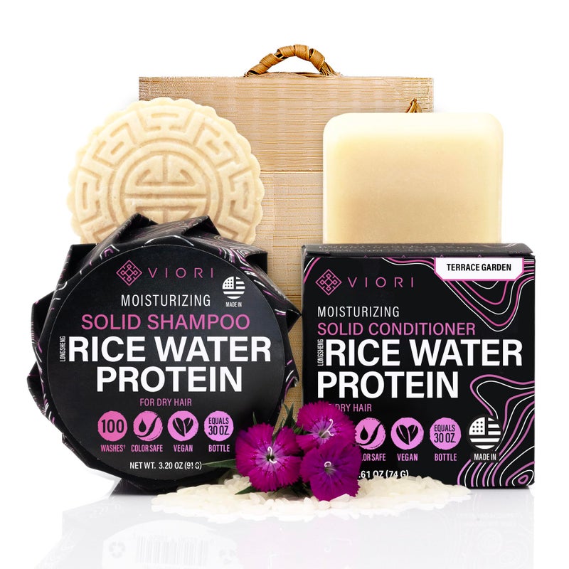 VIORI Terrace Garden Shampoo and Conditioner Bar Set and Bamboo Holder- Made with Rice Water for Hair Growth - Handcrafted Sulfate Free Shampoo and Conditioner - Image 1