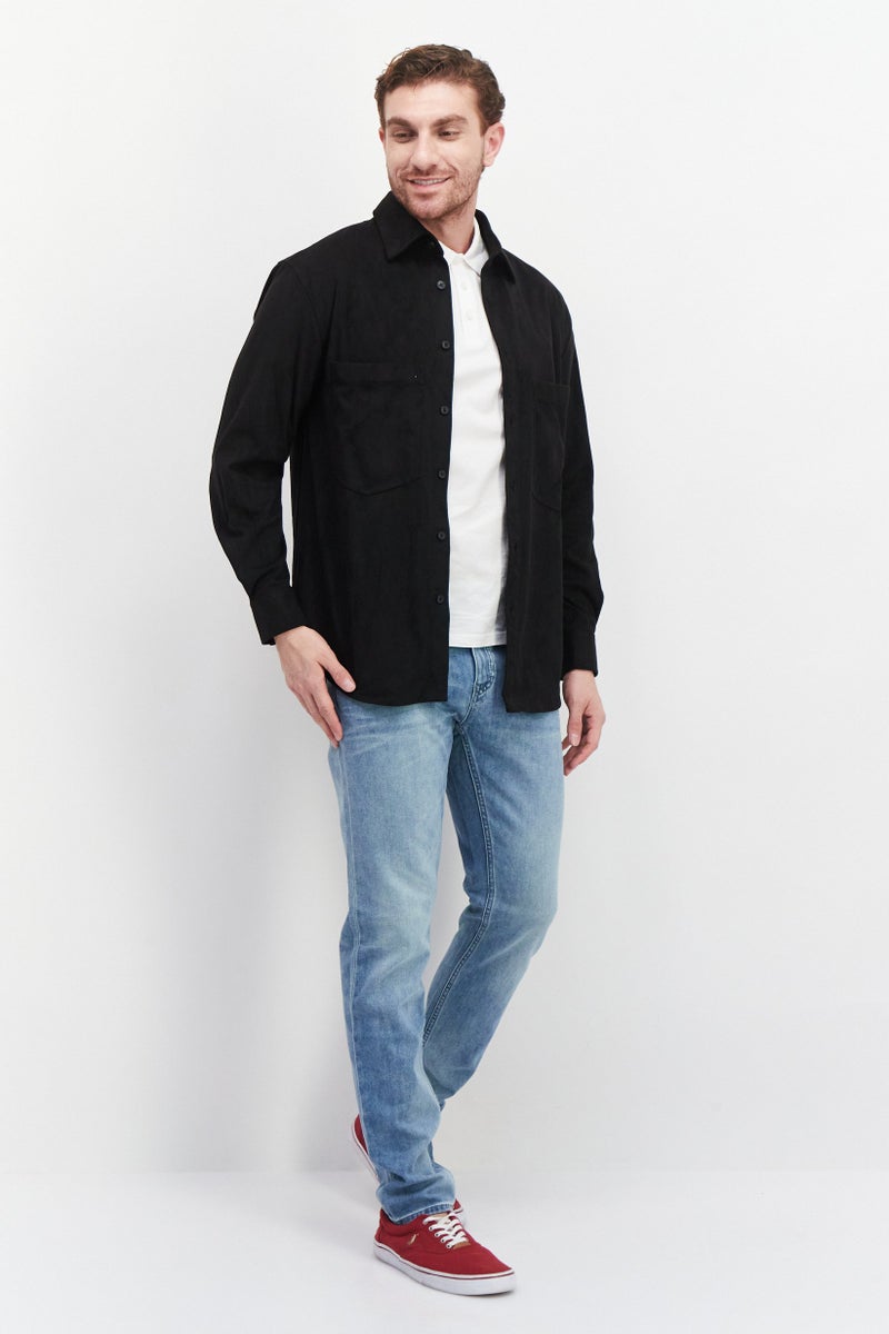 SELECTED Men Spread Collar Long Sleeve Solid Shirt, Black - Image 3