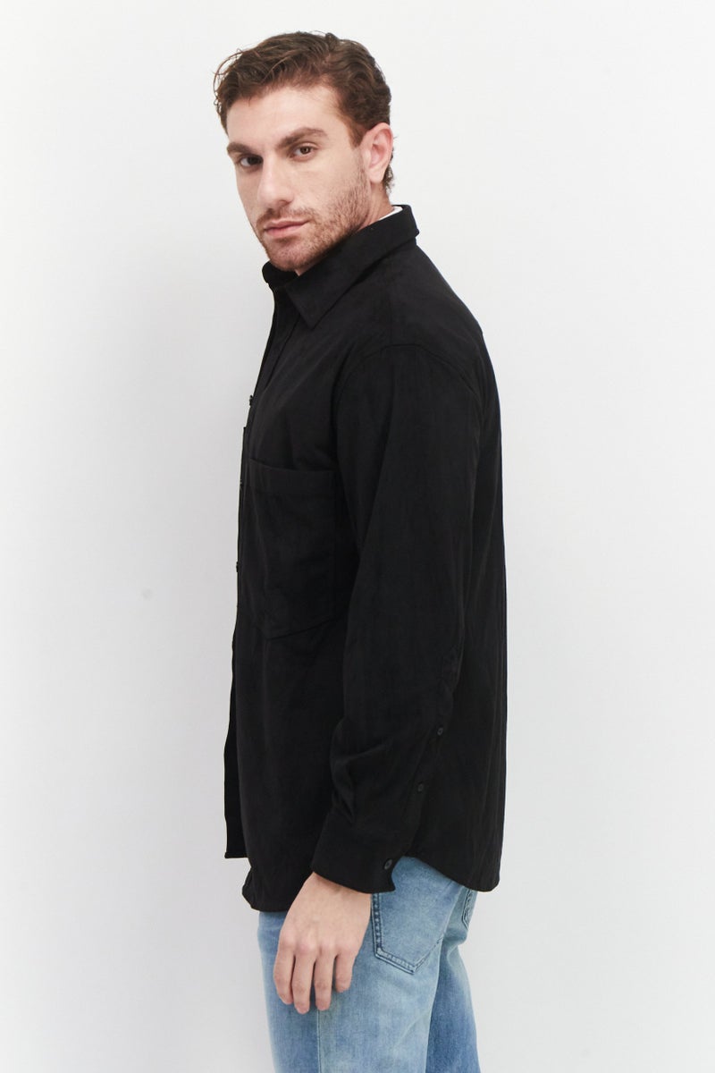 SELECTED Men Spread Collar Long Sleeve Solid Shirt, Black - Image 4