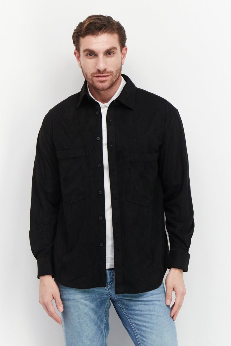 SELECTED Men Spread Collar Long Sleeve Solid Shirt, Black - Image 1