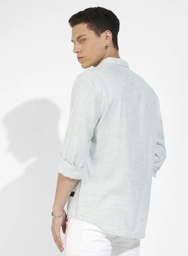 CAHOOT  Men's White & Green Horizontal Chalk Striped Shirt for Men | Best Price UAE