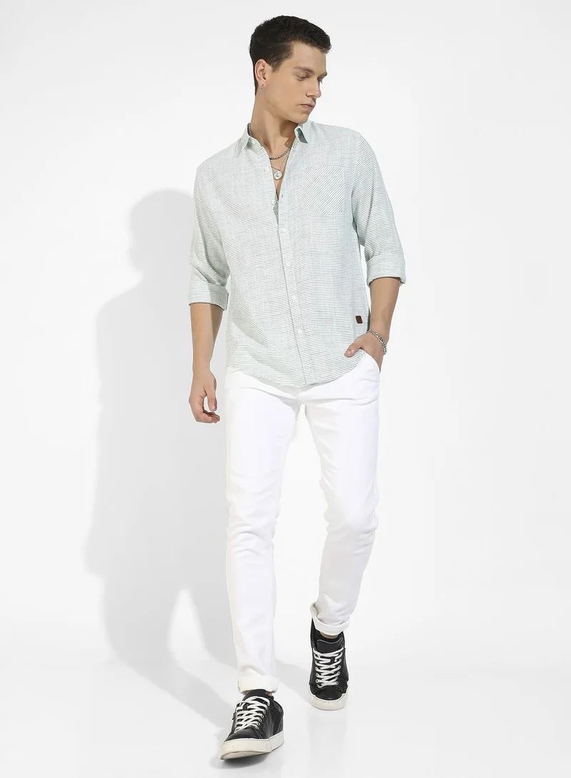 CAHOOT  Men's White & Green Horizontal Chalk Striped Shirt for Men | Best Price UAE