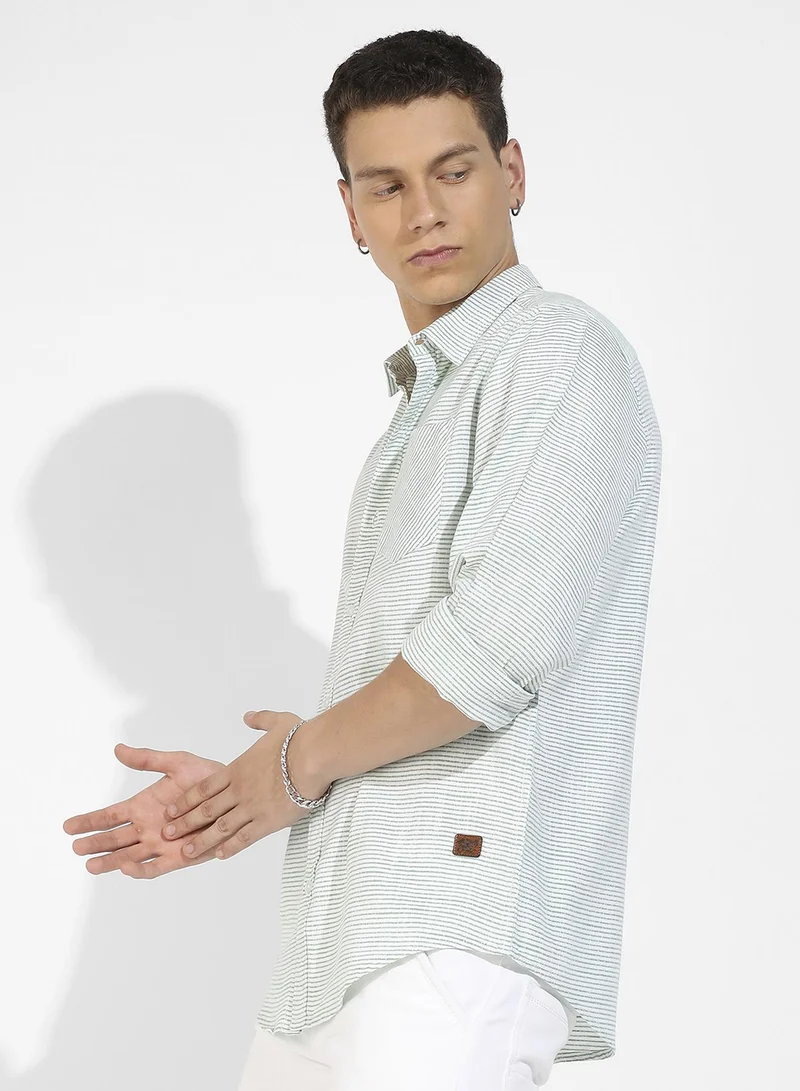 CAHOOT  Men's White & Green Horizontal Chalk Striped Shirt for Men | Best Price UAE