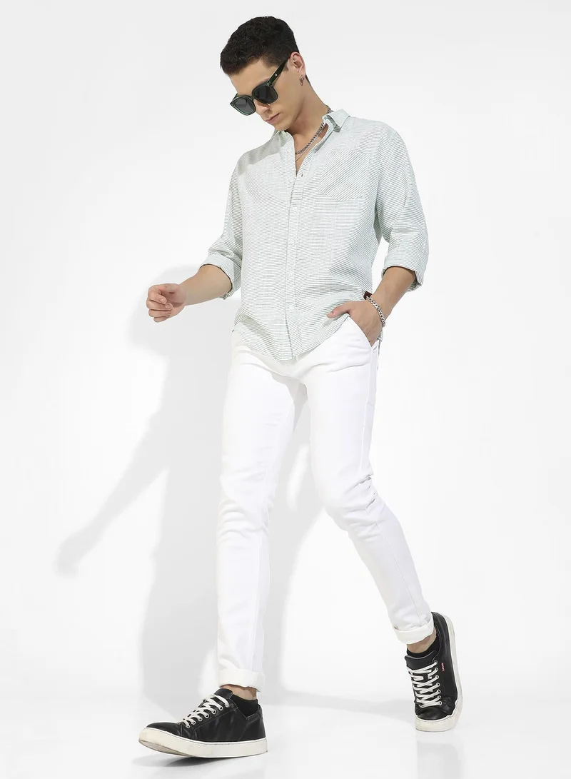 CAHOOT  Men's White & Green Horizontal Chalk Striped Shirt for Men | Best Price UAE