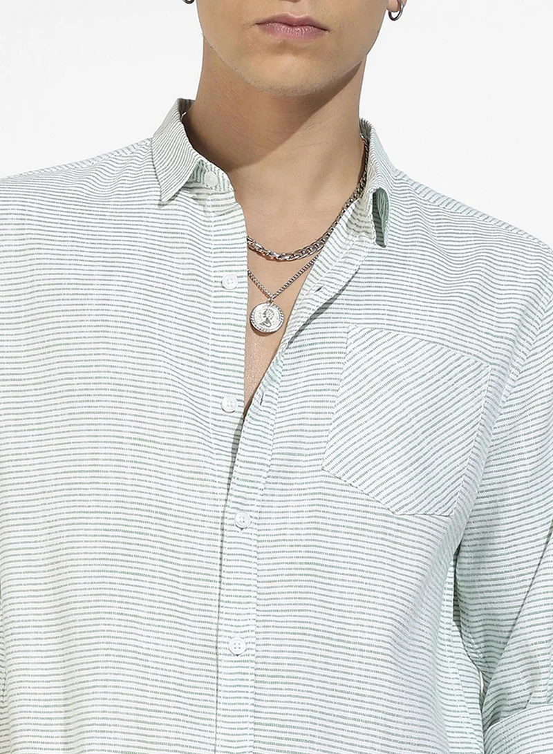 CAHOOT  Men's White & Green Horizontal Chalk Striped Shirt for Men | Best Price UAE