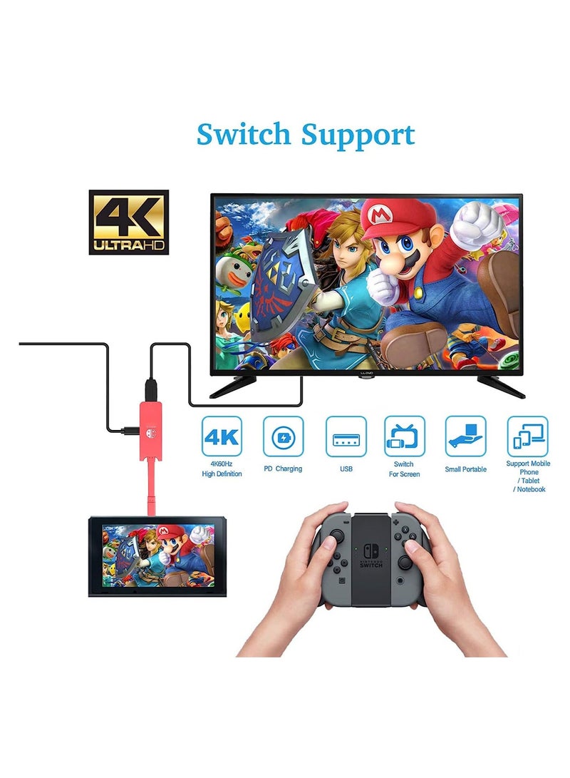 Y&D محول قاعدة توصيل HDMI لجهاز نينتندو، محور قاعدة قاعدة شحن تلفزيون صغير محمول USB-C إلى 4K، متوافق مع OLED/MacBook/Laptop/iPad (أحمر) - Image 4