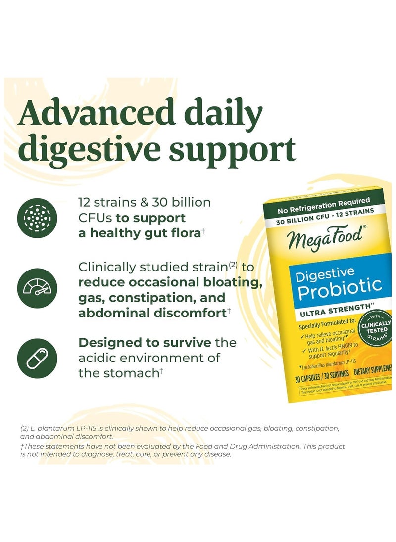 MegaFood - MegaFood Digestive Probiotic - 12 Strain Vegetarian Probiotics for Women & Men, 30 Billion CFUs, Support Gut Health, Probiotics for Digestive Health Help Relieve Occasional Gas & Bloating, 30 Capsules - Image 1