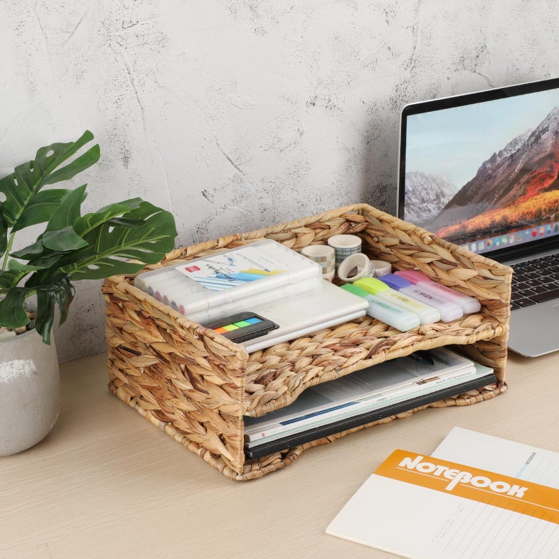 BTSKY 2 Tier Water Hyacinth Letter File Storage Basket, Woven Paper Organizer A4 File Tray Magazine Holder Woven Basket for Desk Document Office Paper Organizer and Storage - Image 2
