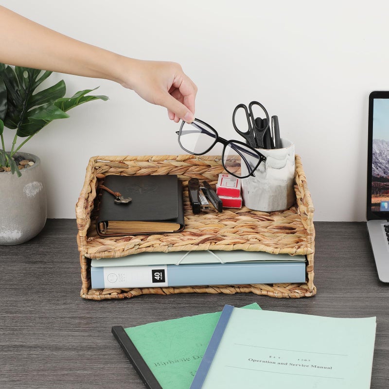 BTSKY 2 Tier Water Hyacinth Letter File Storage Basket, Woven Paper Organizer A4 File Tray Magazine Holder Woven Basket for Desk Document Office Paper Organizer and Storage - Image 5