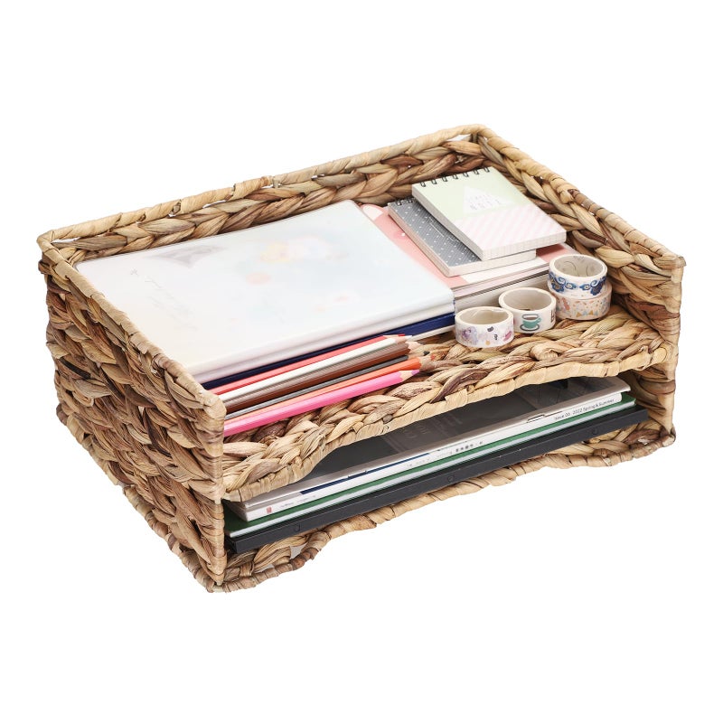 BTSKY 2 Tier Water Hyacinth Letter File Storage Basket, Woven Paper Organizer A4 File Tray Magazine Holder Woven Basket for Desk Document Office Paper Organizer and Storage - Image 1