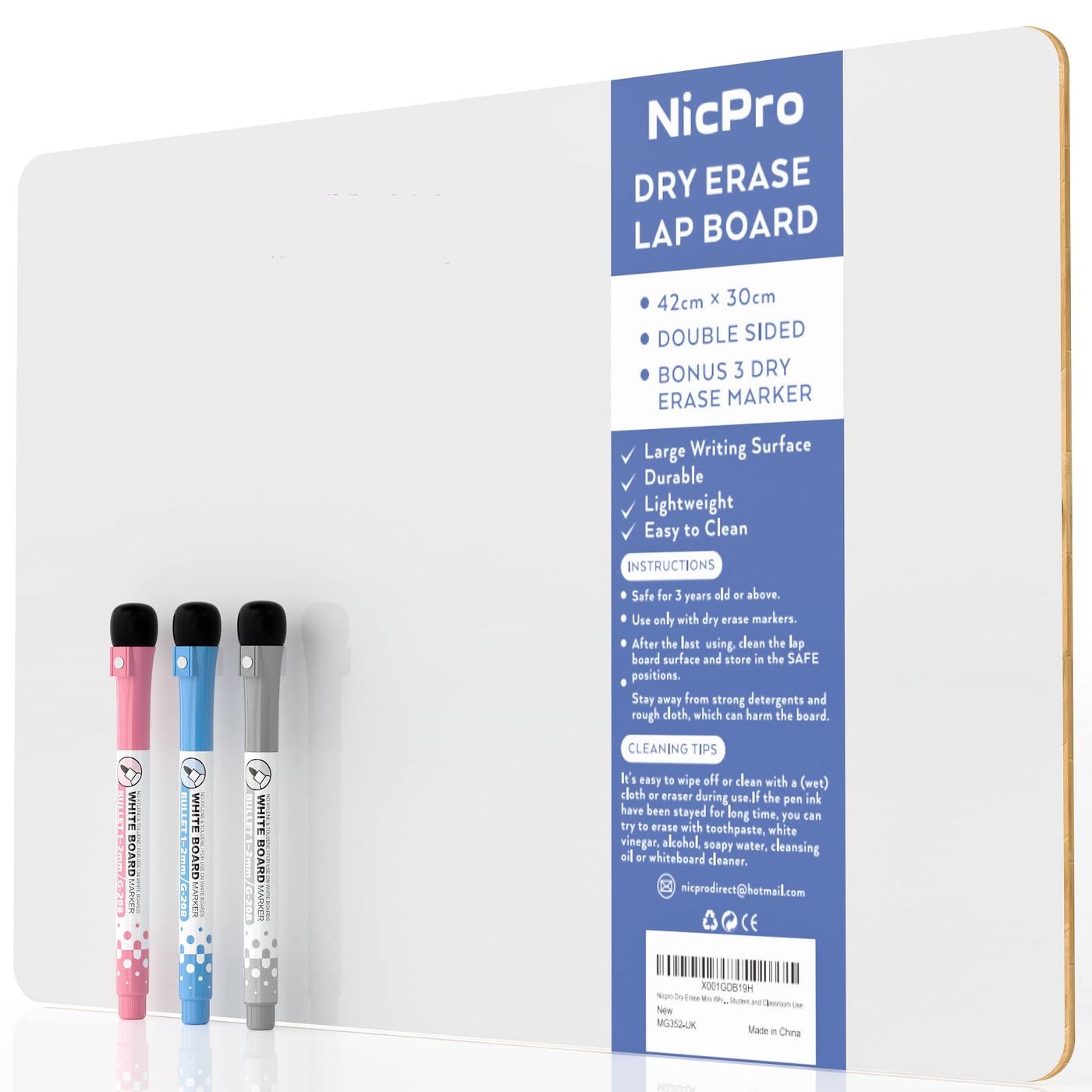 Nicpro Dry Erase Mini Whiteboard A3, 30 x 42 cm Double Sided Lapboard with 3 Water-Based Pens Learning Small White Board Portable Drawing Writing for Student and Classroom Use
