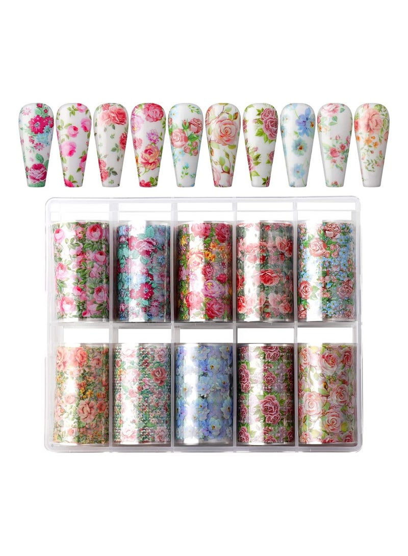 SOLARAE 10 Rolls Colorful Flower Print Nail Art Stickers, Self Adhesive Nail Decals, Colorful Florals Pattern Nail Foil Sheets for for Women Girls - Image 1