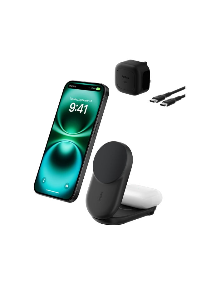 belkin UltraCharge Pro 2-in-1 Foldable MagSafe Wireless Charging Dock | Qi2 25W Fast Charger for iPhone 17/16/15/14/13, Apple Watch & AirPods, with 45W USB-C Power Supply & Cable - Square Form / Black - Image 1