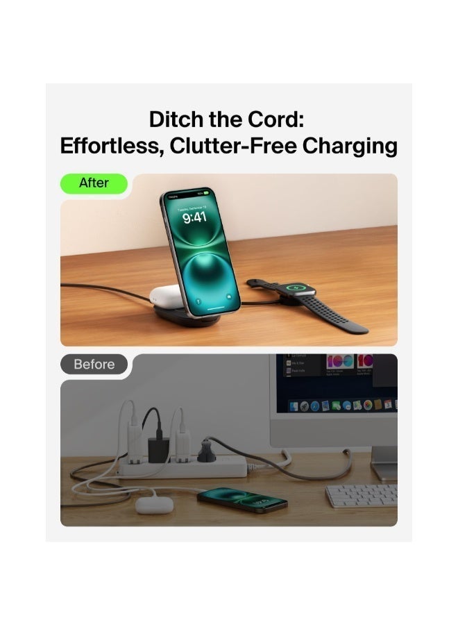belkin UltraCharge Pro 2-in-1 Foldable MagSafe Wireless Charging Dock | Qi2 25W Fast Charger for iPhone 17/16/15/14/13, Apple Watch & AirPods, with 45W USB-C Power Supply & Cable - Square Form / Black - Image 3