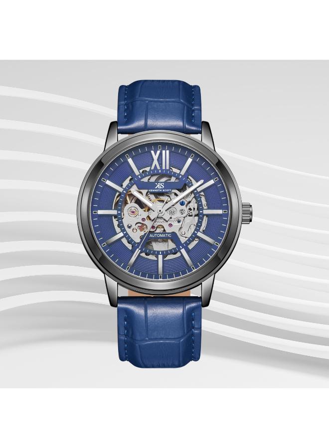 KENNETH SCOTT Kenneth Scott K24323-XLNN Men's Automatic  Display Watch & Leather  Strap Blue  - Image 1