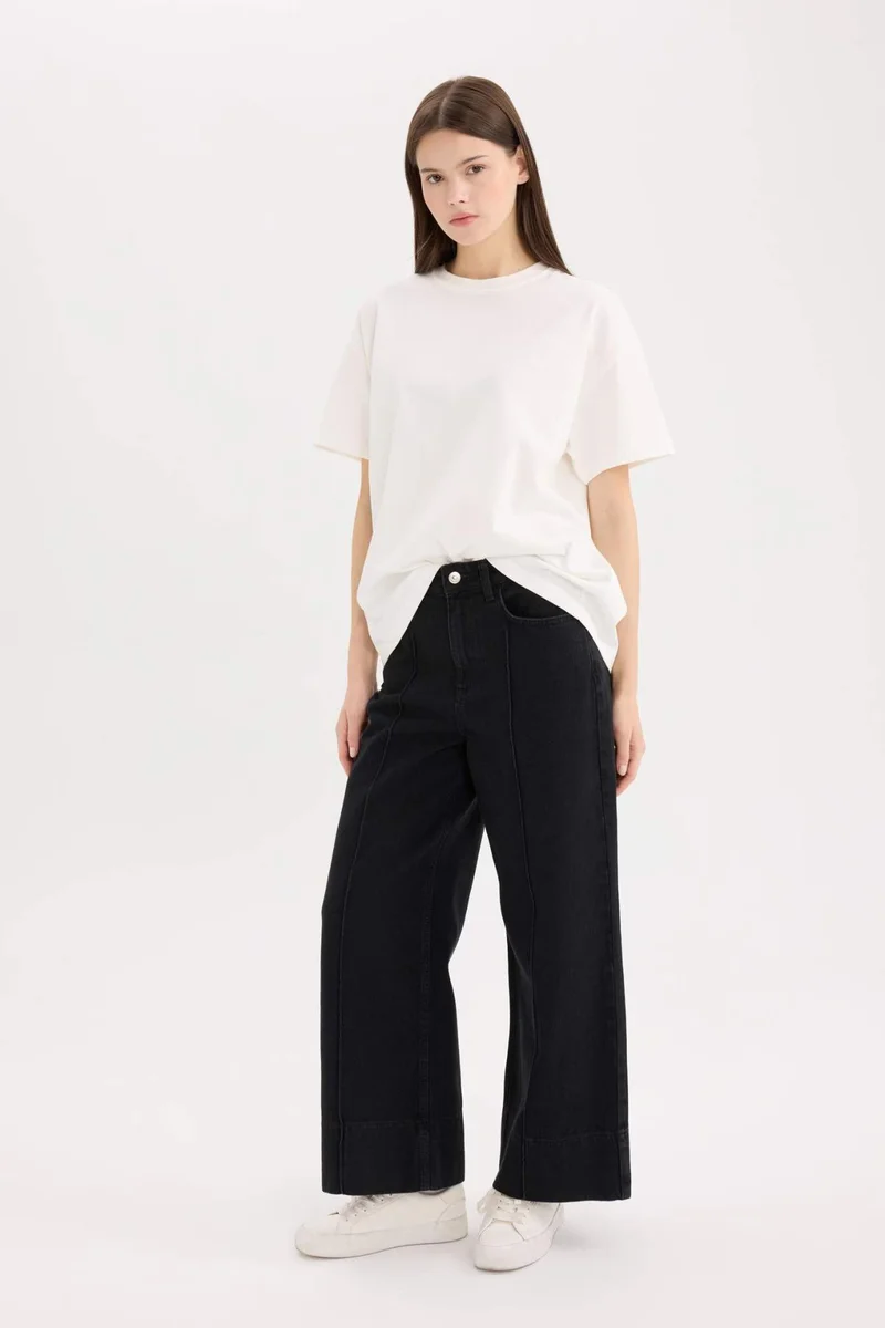 DeFacto Short Wide Leg High Waist Crop Washed Jeans