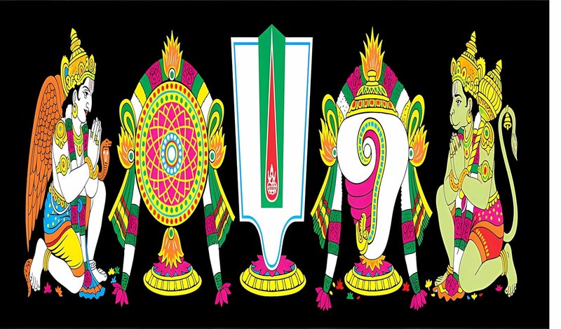 Backdropon قماش خلفية شنكش شاكرا ناماه مع تصميم هانومان وغارودا لتزيين بوجا ديوالي خلفية ستارة للمهرجان بحجم 5 أقدام ارتفاع و8 أقدام عرض (5 * 8) - Image 1