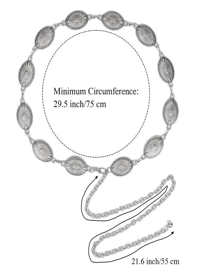 WAYLIT Western-Concho-Belt-Women Cowgirl-Metal-Belts Boho Silver Vintage Turquoise Chain Belt for Dress Jeans, Solid Silver, Length 51.1" (29.5"+extended chain 21.6") - Image 2