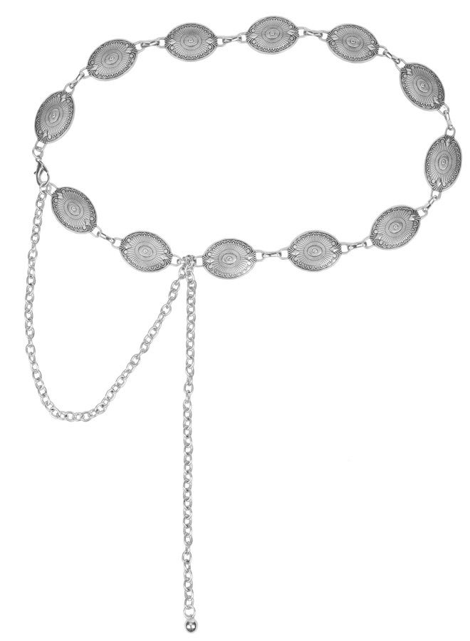 WAYLIT Western-Concho-Belt-Women Cowgirl-Metal-Belts Boho Silver Vintage Turquoise Chain Belt for Dress Jeans, Solid Silver, Length 51.1" (29.5"+extended chain 21.6") - Image 1