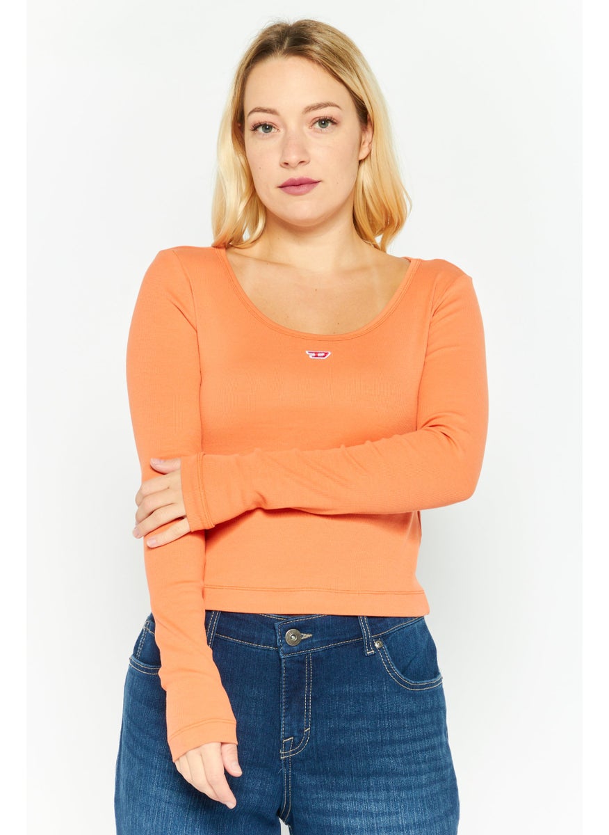 DIESEL - Women Round Neck Long Sleeve Brand Logo Top, Dark Orange - Image 1