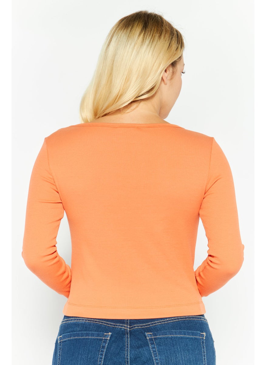 DIESEL - Women Round Neck Long Sleeve Brand Logo Top, Dark Orange - Image 1
