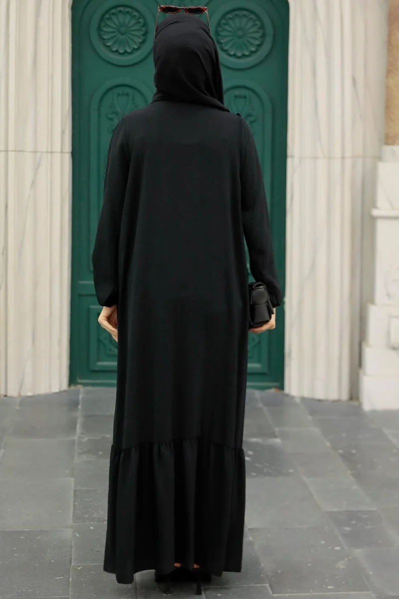 Neva Style - Black Hijab Dress with Ruffle Detail 7681S