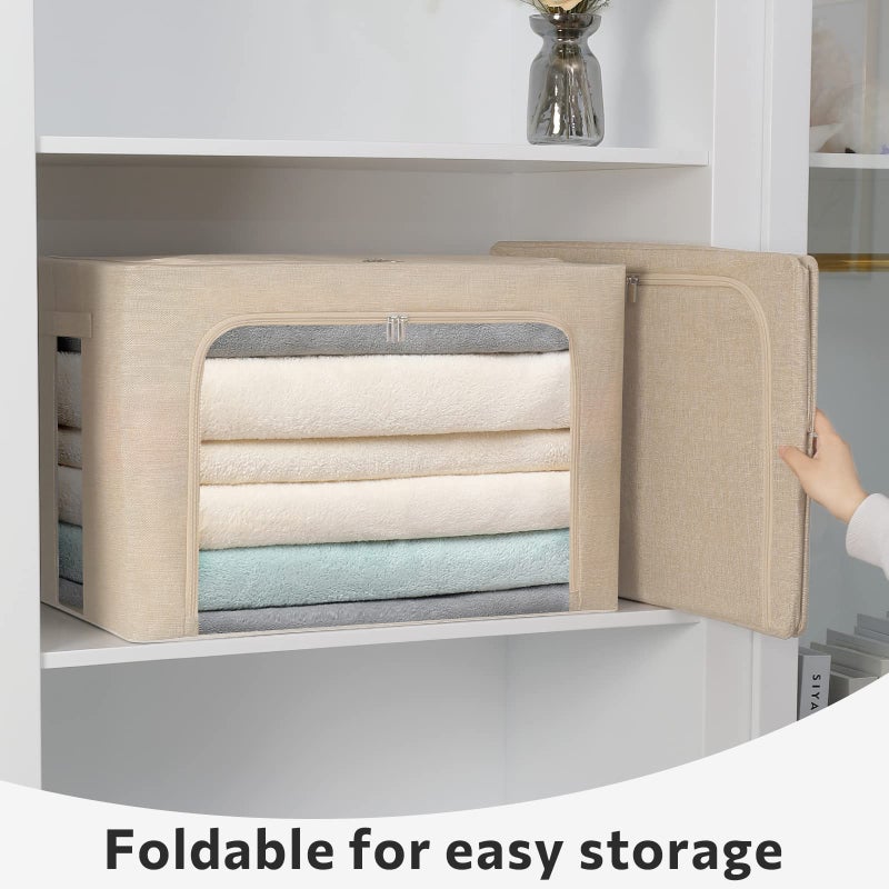 FHSQX 2 Pack Clothes Storage Bins Stackable Metal Frame Storage Box Foldable Linen Fabric Box Organizer with Carrying Handles and Clear Window (Beige, 15.7x 11.8x 11.7 Inch) - Image 3