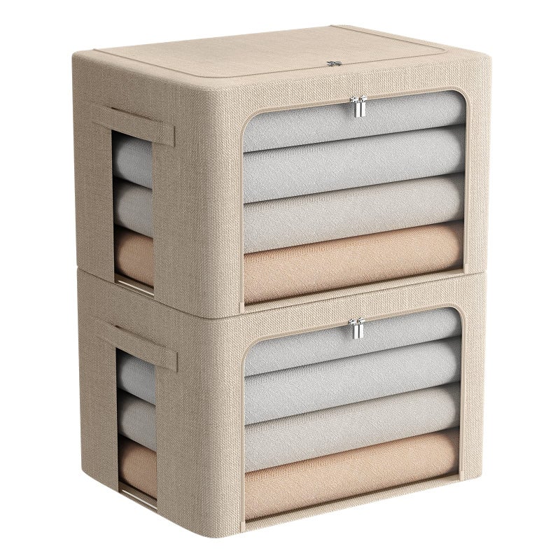 FHSQX 2 Pack Clothes Storage Bins Stackable Metal Frame Storage Box Foldable Linen Fabric Box Organizer with Carrying Handles and Clear Window (Beige, 15.7x 11.8x 11.7 Inch) - Image 1