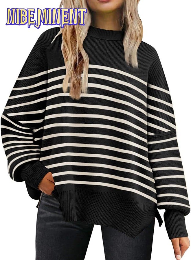 NIBEMINENT كنزات نسائية واسعة بأكمام خفاش ملابس خريفية بياقة دائرية حياكة مضلعة شق جانبي بلوزات عصرية - Image 1