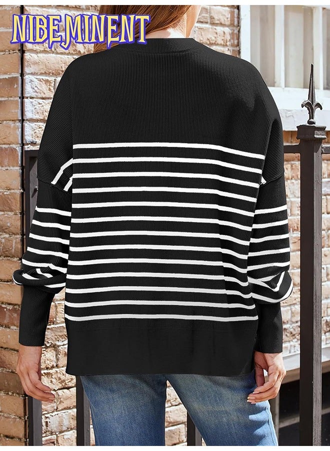 NIBEMINENT كنزات نسائية واسعة بأكمام خفاش ملابس خريفية بياقة دائرية حياكة مضلعة شق جانبي بلوزات عصرية - Image 2