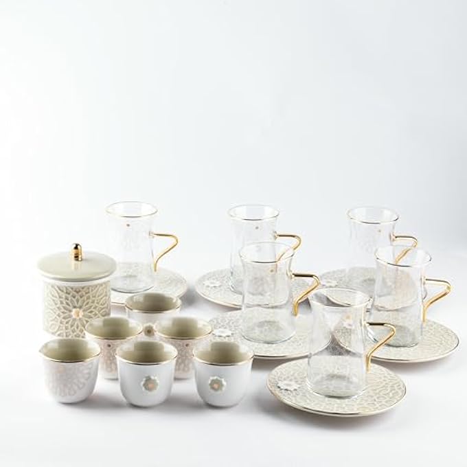 rayihni Asalah Arabic Tea Glass And Coffee Sets 19Pieces BeigeGold - Image 3
