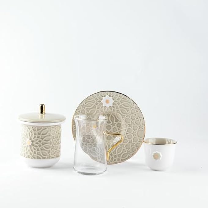 rayihni Asalah Arabic Tea Glass And Coffee Sets 19Pieces BeigeGold - Image 4