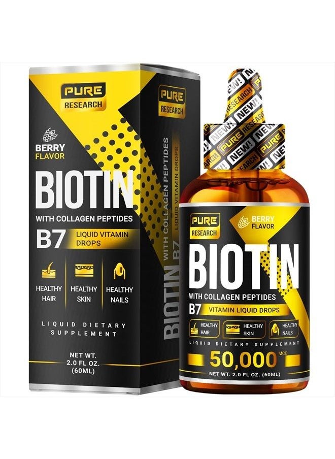 PURE RESEARCH - Liquid Biotin & Collagen Hair Growth Drops 50,000mcg – Biotin and Liquid Collagen Supplements for Women & Men – Supports Glowing Skin, Healthy Hair & Nail Growth (2Fl Oz) - Image 1
