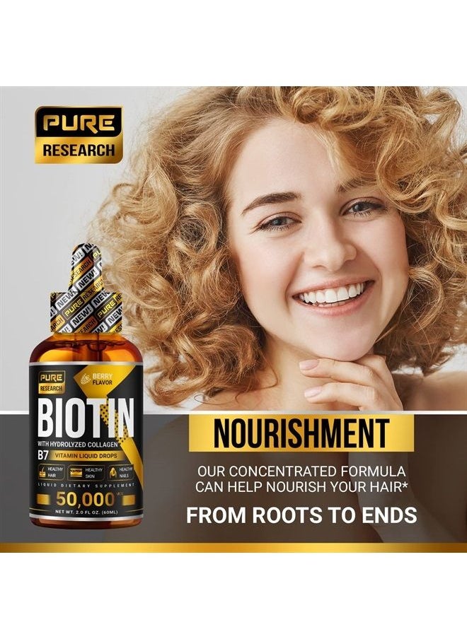PURE RESEARCH - Liquid Biotin & Collagen Hair Growth Drops 50,000mcg – Biotin and Liquid Collagen Supplements for Women & Men – Supports Glowing Skin, Healthy Hair & Nail Growth (2Fl Oz) - Image 1
