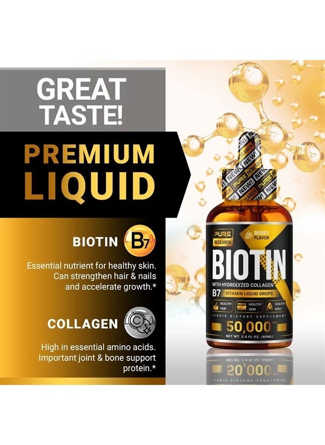 PURE RESEARCH - Liquid Biotin & Collagen Hair Growth Drops 50,000mcg – Biotin and Liquid Collagen Supplements for Women & Men – Supports Glowing Skin, Healthy Hair & Nail Growth (2Fl Oz) - Image 1