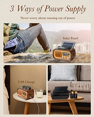 PRUNUS J-150 Portable Radio AM FM SW Bluetooth, Retro Radios Vintage Transistor with Best Sound, Solar/D Battery Operated/USB Rechargeable, TWS, Support TF Card/USB Playing - Image 2