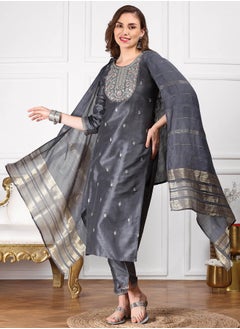 ISHIN Straight Fit Embroidered Pattern Round Neck Three-Quarter Sleeves GREY Colour Woven Cotton Kurta Set for Women with Semi Elastic Closure - Elevate Your Fashion Game  - Image 5