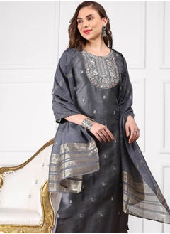 ISHIN Straight Fit Embroidered Pattern Round Neck Three-Quarter Sleeves GREY Colour Woven Cotton Kurta Set for Women with Semi Elastic Closure - Elevate Your Fashion Game  - Image 1