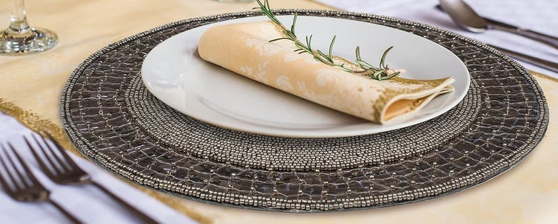 Bedding Craft Beaded Charger Placemats 13" Round Placemats - Antique Grey - Image 3