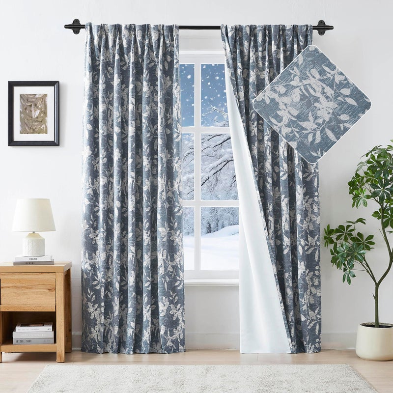 Randall Blue Leaf Print 90% Room Darkening Curtains 84 Inches Pinch Pleat Thermal Insulated Blackout Rod Pocket Botanical Jacquard Farmhouse Drapes for Living Room,2 Panels,40"x84",Blue on Beige - Image 1