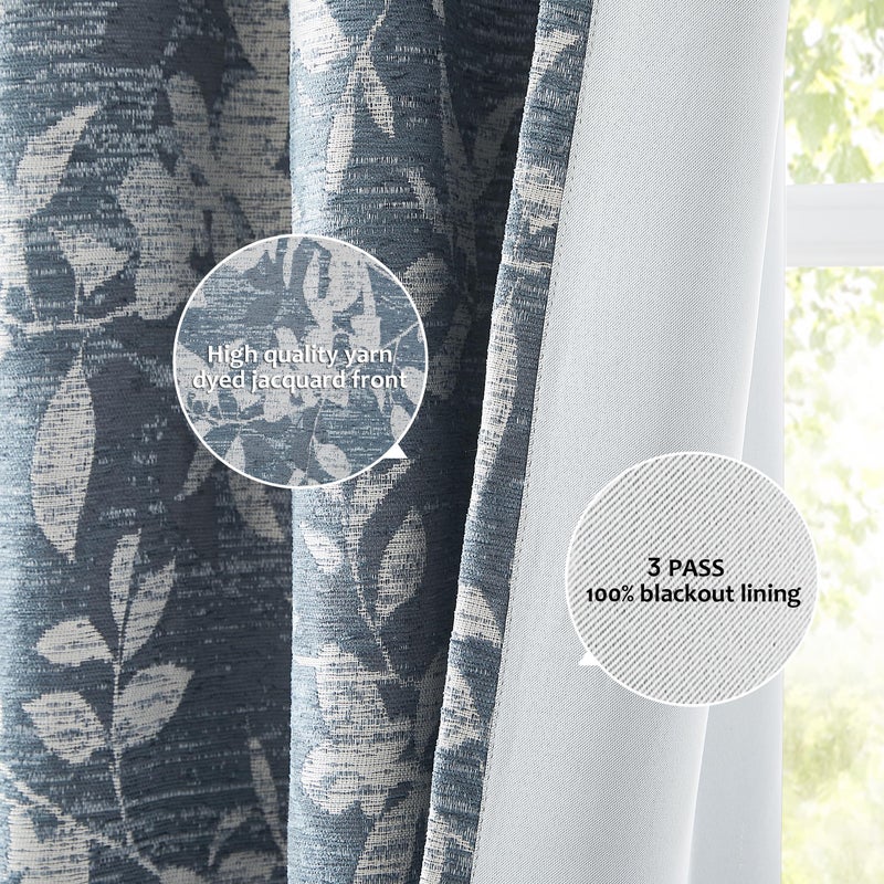 Randall Blue Leaf Print 90% Room Darkening Curtains 84 Inches Pinch Pleat Thermal Insulated Blackout Rod Pocket Botanical Jacquard Farmhouse Drapes for Living Room,2 Panels,40"x84",Blue on Beige - Image 3