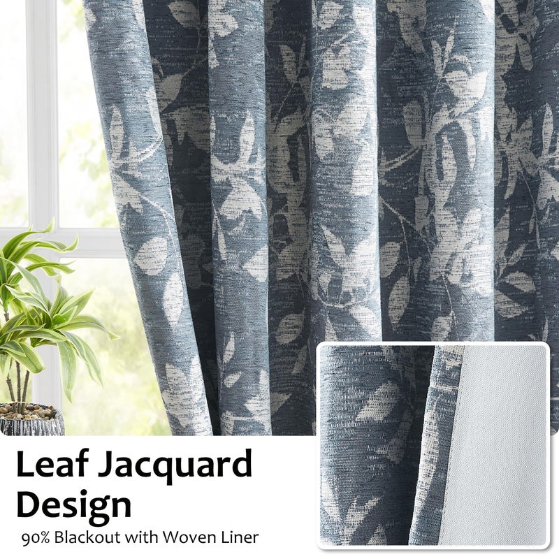 Randall Blue Leaf Print 90% Room Darkening Curtains 84 Inches Pinch Pleat Thermal Insulated Blackout Rod Pocket Botanical Jacquard Farmhouse Drapes for Living Room,2 Panels,40"x84",Blue on Beige - Image 5