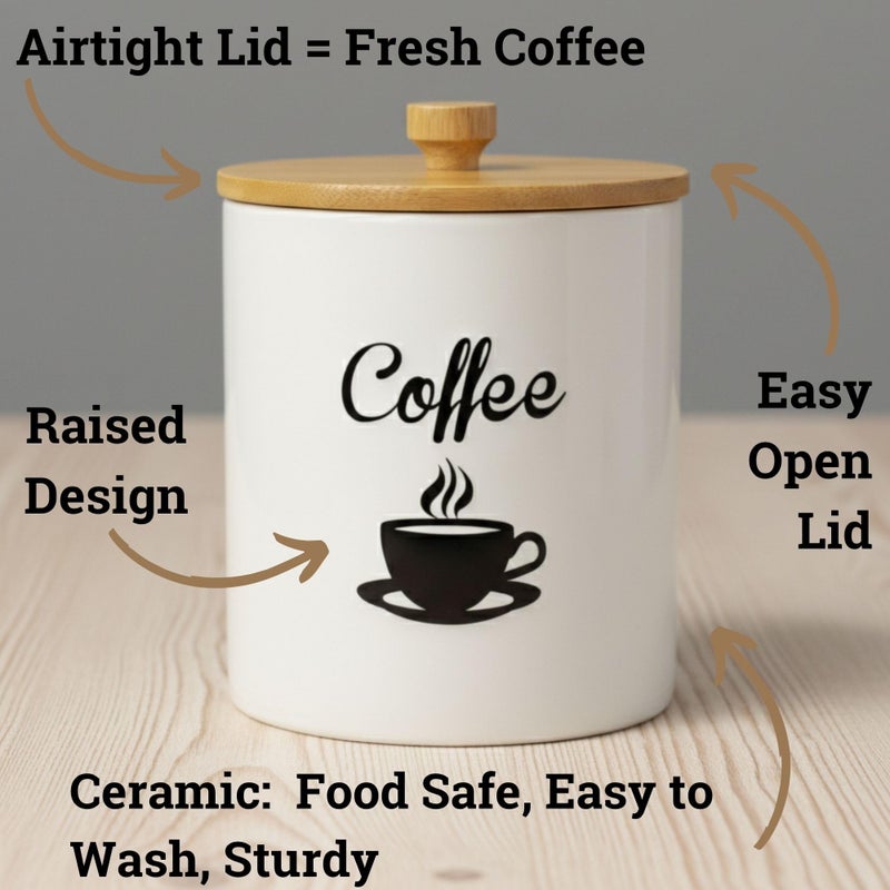 HB Design Co. Ceramic Coffee Canister - 12 oz White Airtight Canister - 5 x 6 inch Coffee Bean Storage Container - Stylish Countertop Container for Grounds, Beans, Pods & More with Rubber-Lined Bamboo Lid - Image 2