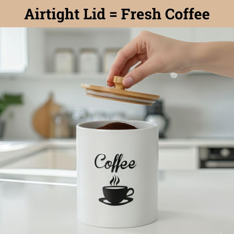 HB Design Co. Ceramic Coffee Canister - 12 oz White Airtight Canister - 5 x 6 inch Coffee Bean Storage Container - Stylish Countertop Container for Grounds, Beans, Pods & More with Rubber-Lined Bamboo Lid - Image 3