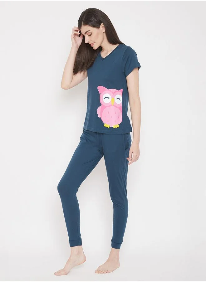 كلوفيا Owl Print Top with Short Sleeves & Pyjama Set by Styli